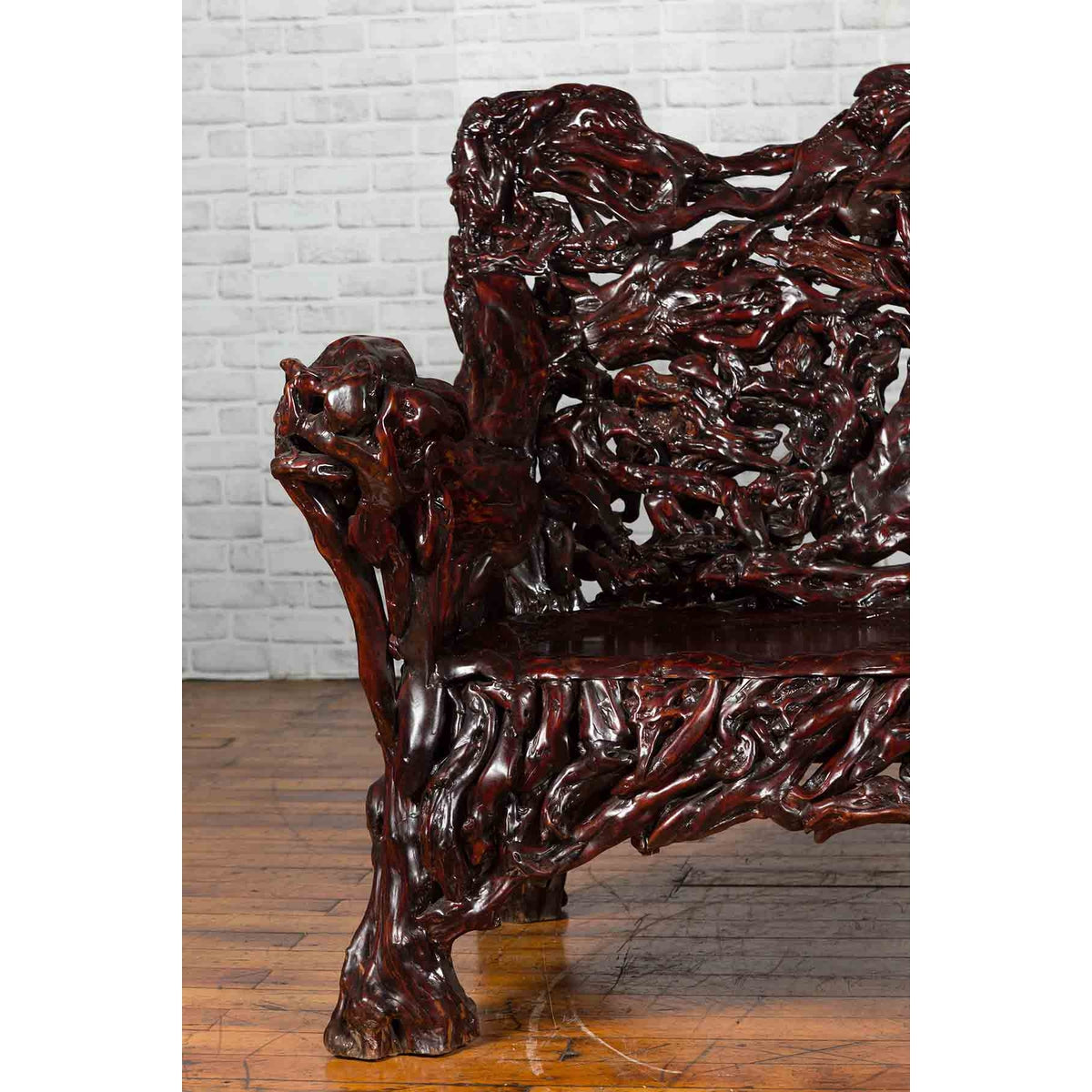 Chinese Late 20th Century Hand Carved Azalea Wood Root Lacquered Settee-9. Asian & Chinese Furniture, Art, Antiques, Vintage Home Décor for sale at FEA Home