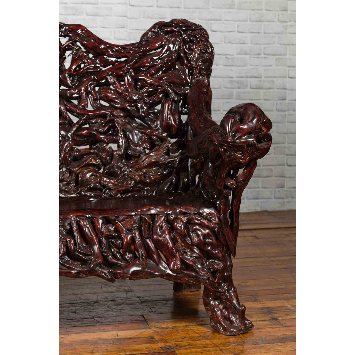 Chinese Late 20th Century Hand Carved Azalea Wood Root Lacquered Settee-11. Asian & Chinese Furniture, Art, Antiques, Vintage Home Décor for sale at FEA Home