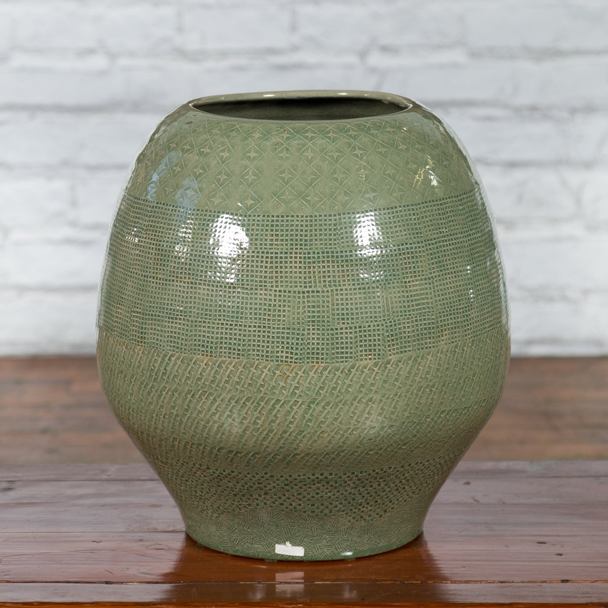 Prem Collection Green Glazed Ceramic Artisan Vase with Geometric Décor-11. Asian & Chinese Furniture, Art, Antiques, Vintage Home Décor for sale at FEA Home