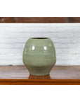 Prem Collection Green Glazed Ceramic Artisan Vase with Geometric Décor-4. Asian & Chinese Furniture, Art, Antiques, Vintage Home Décor for sale at FEA Home