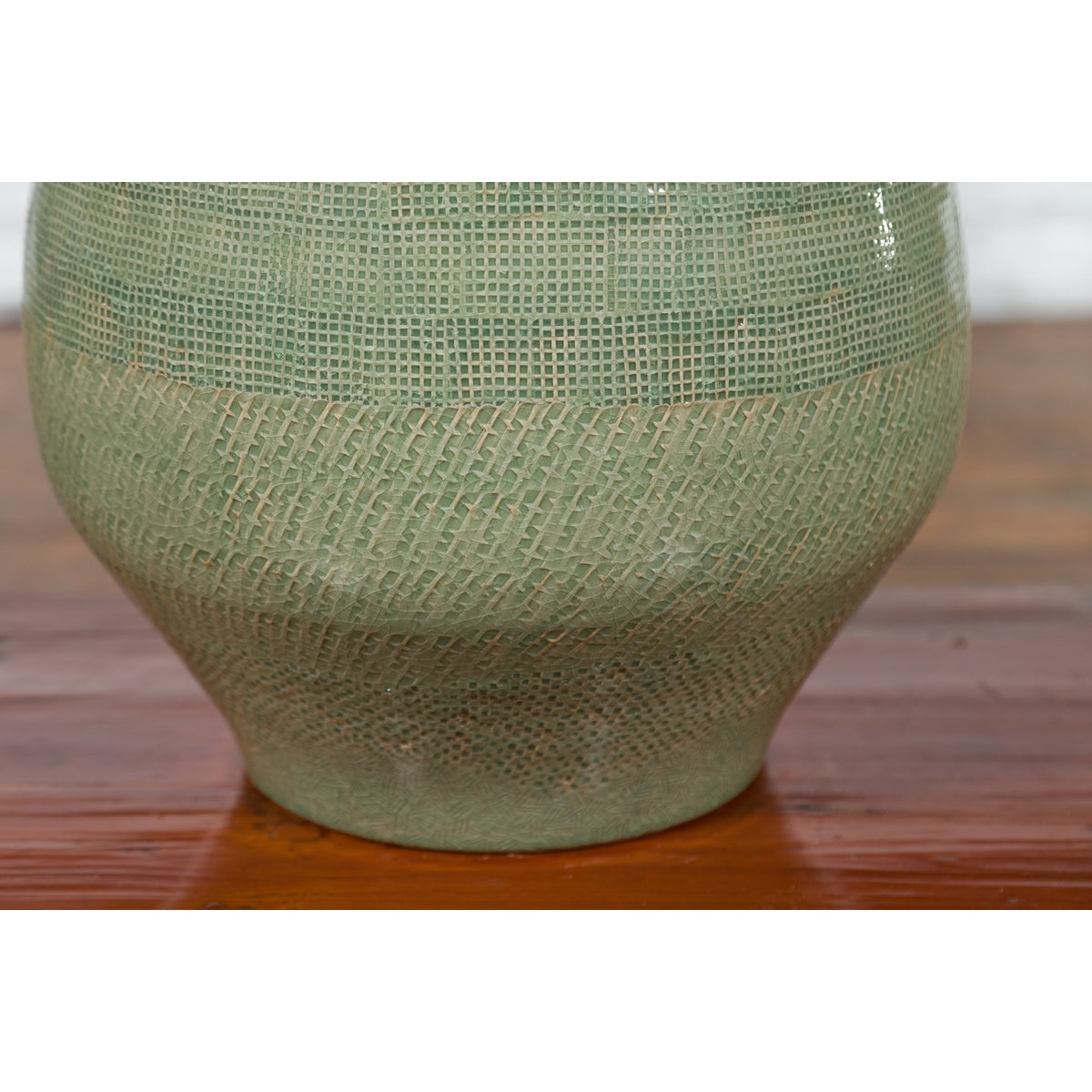 Prem Collection Green Glazed Ceramic Artisan Vase with Geometric Décor-8. Asian & Chinese Furniture, Art, Antiques, Vintage Home Décor for sale at FEA Home