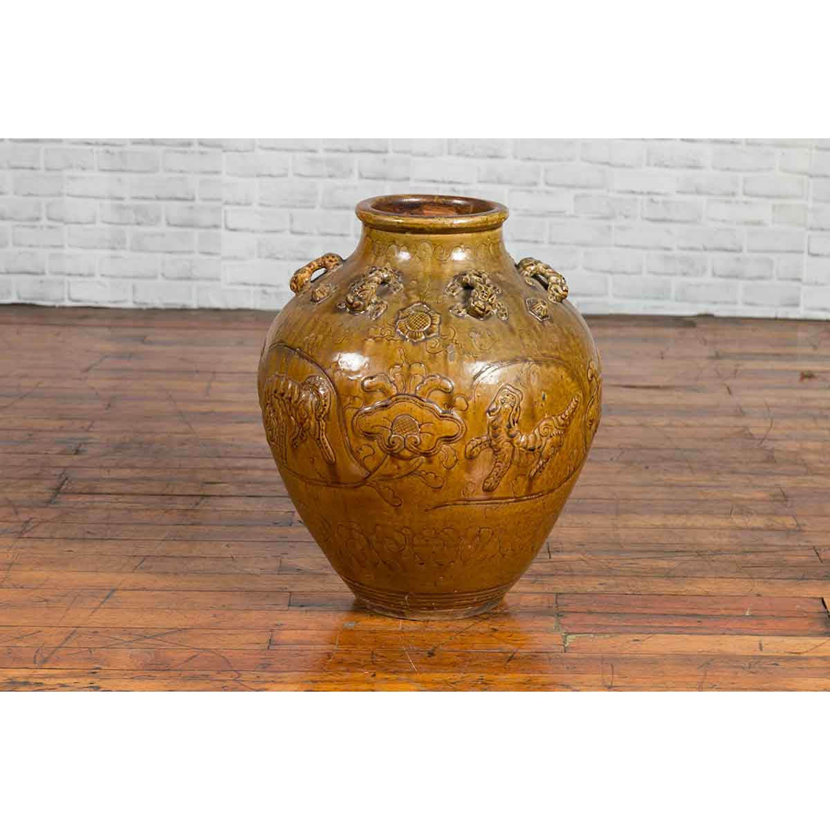 Ming Dynasty Golden Brown Glazed Martaban Water Jar with Tiger Motifs-4. Asian & Chinese Furniture, Art, Antiques, Vintage Home Décor for sale at FEA Home