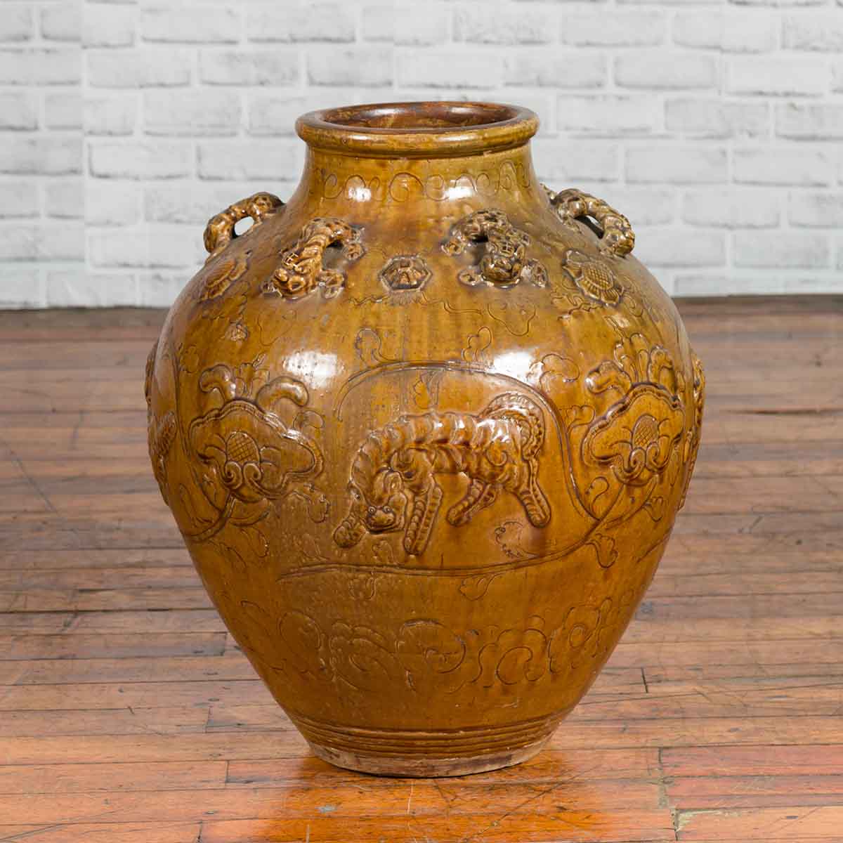 Ming Dynasty Golden Brown Glazed Martaban Water Jar with Tiger Motifs-2. Asian & Chinese Furniture, Art, Antiques, Vintage Home Décor for sale at FEA Home