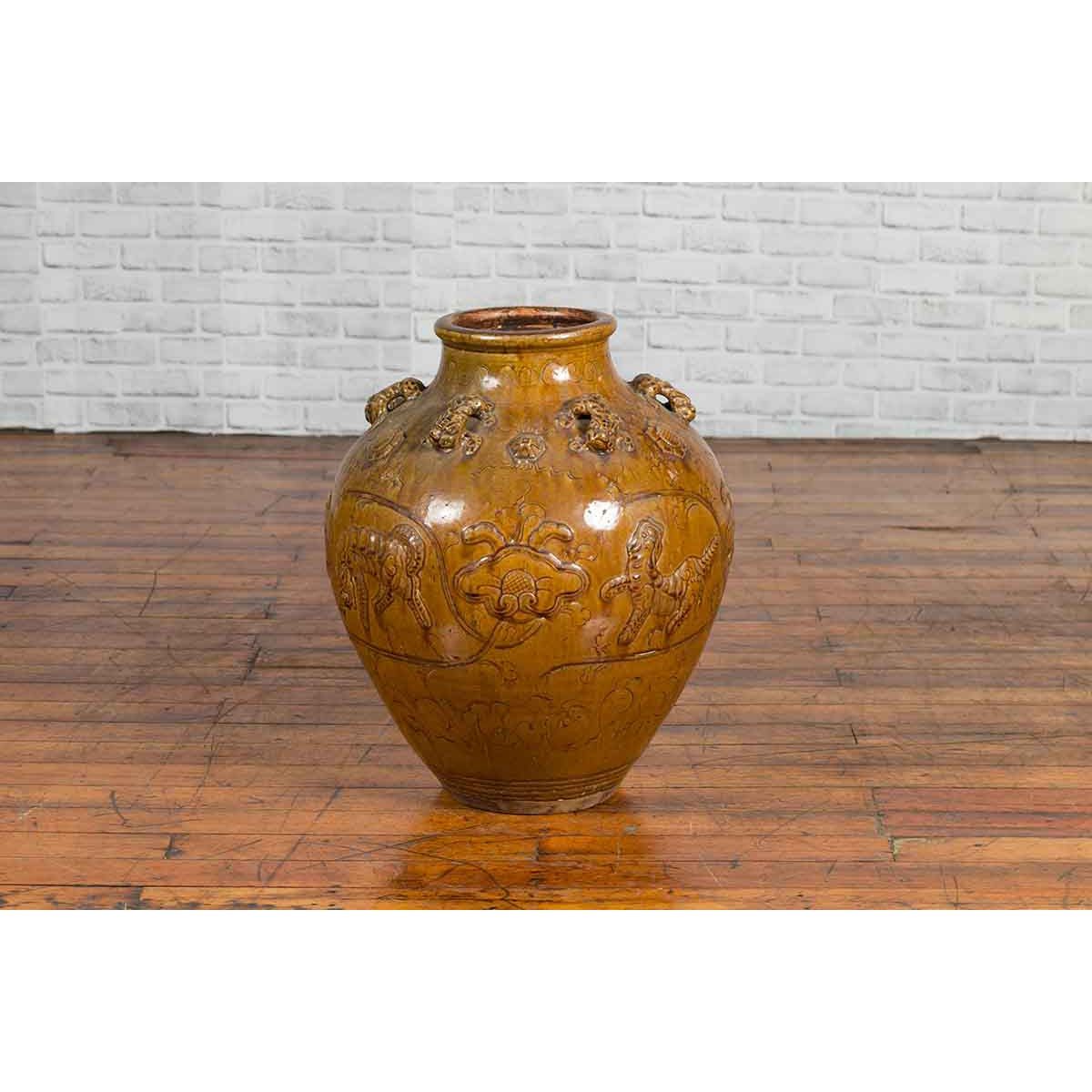 Ming Dynasty Golden Brown Glazed Martaban Water Jar with Tiger Motifs-5. Asian & Chinese Furniture, Art, Antiques, Vintage Home Décor for sale at FEA Home