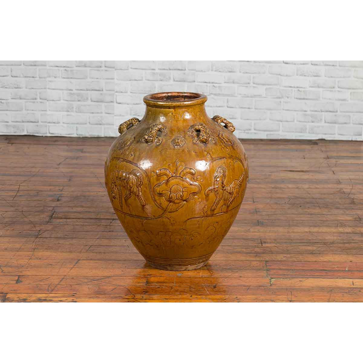 Ming Dynasty Golden Brown Glazed Martaban Water Jar with Tiger Motifs-6. Asian & Chinese Furniture, Art, Antiques, Vintage Home Décor for sale at FEA Home