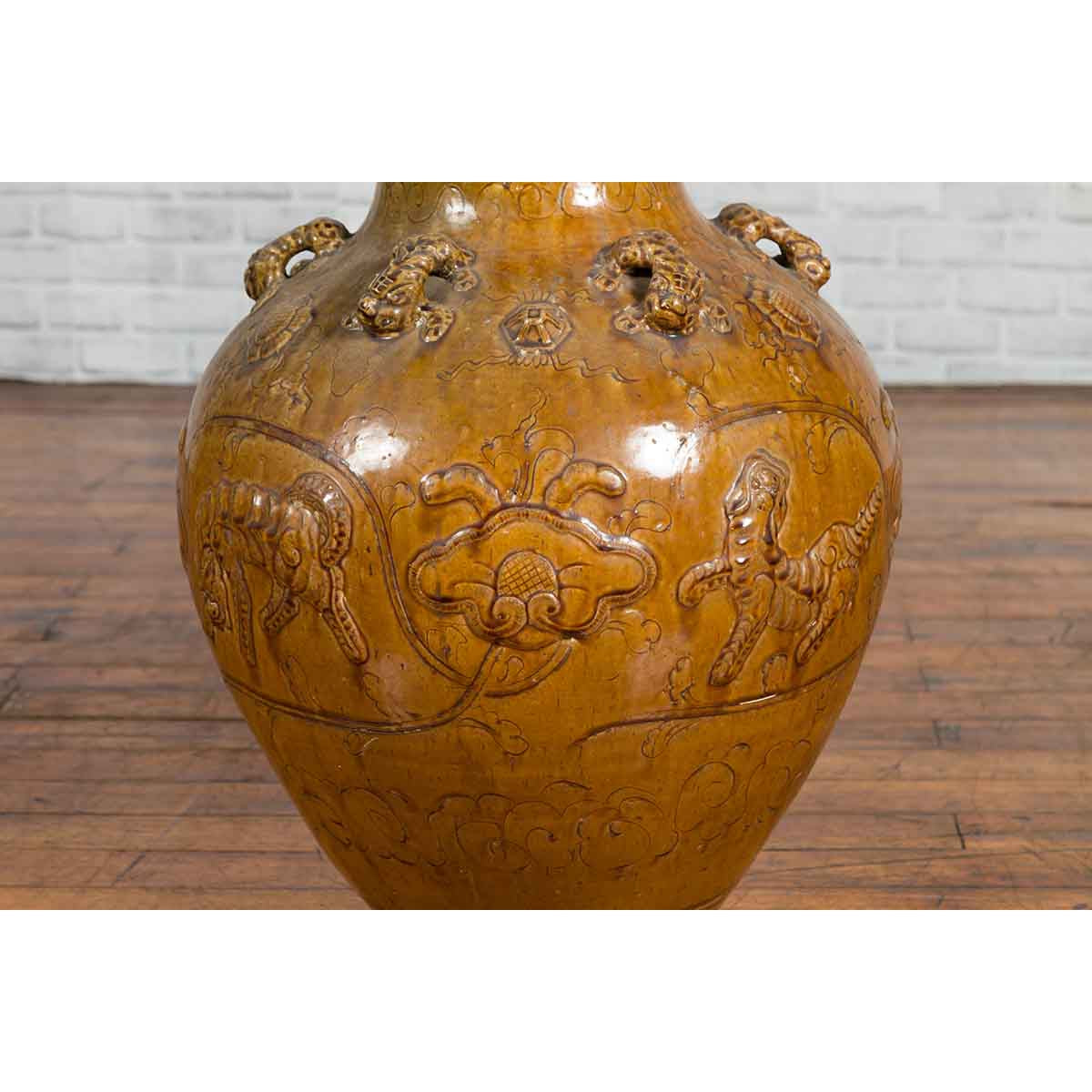 Ming Dynasty Golden Brown Glazed Martaban Water Jar with Tiger Motifs-8. Asian & Chinese Furniture, Art, Antiques, Vintage Home Décor for sale at FEA Home