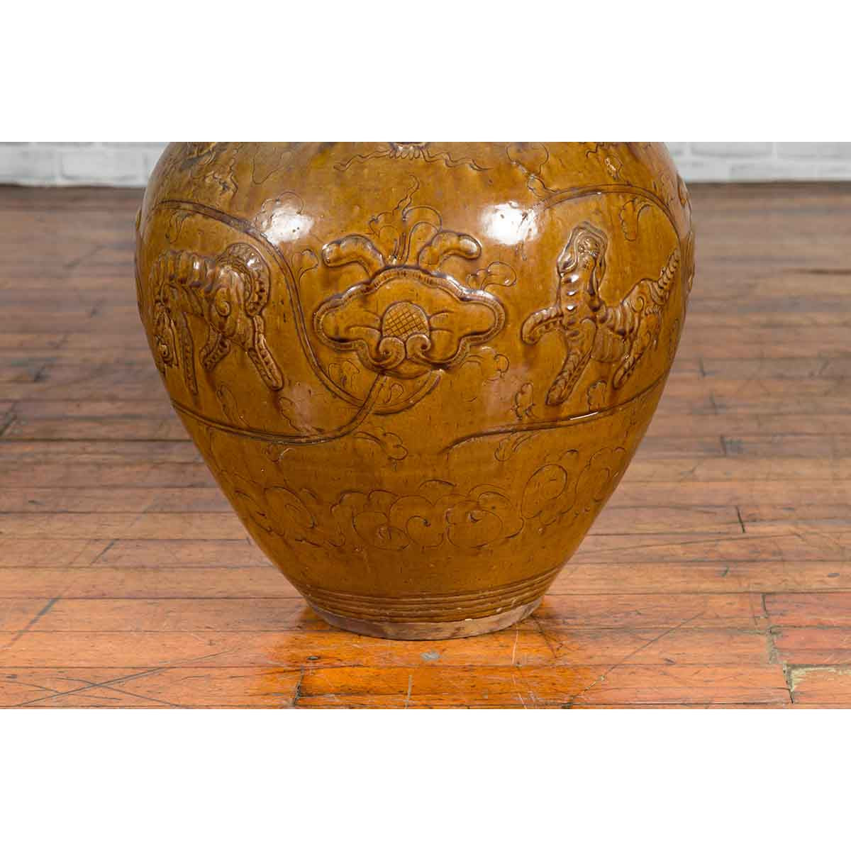 Ming Dynasty Golden Brown Glazed Martaban Water Jar with Tiger Motifs-9. Asian & Chinese Furniture, Art, Antiques, Vintage Home Décor for sale at FEA Home