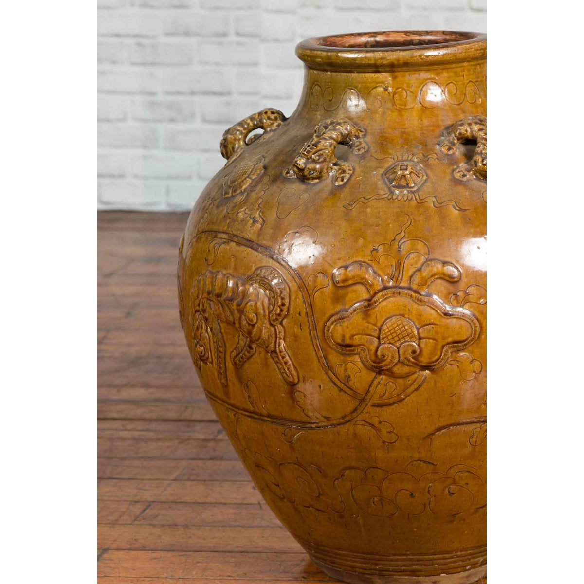 Ming Dynasty Golden Brown Glazed Martaban Water Jar with Tiger Motifs-10. Asian & Chinese Furniture, Art, Antiques, Vintage Home Décor for sale at FEA Home