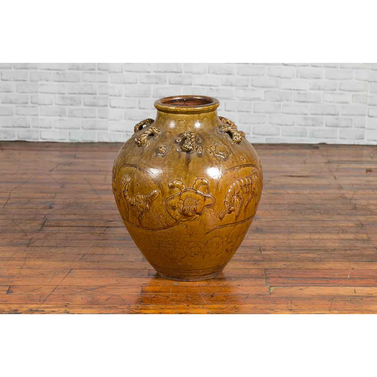 Ming Dynasty Golden Brown Glazed Martaban Water Jar with Tiger Motifs-3. Asian & Chinese Furniture, Art, Antiques, Vintage Home Décor for sale at FEA Home