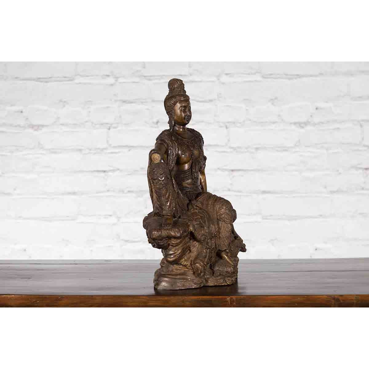 Vintage Bronze Statuette Depicting Quan Yin Seated on a Rocky Formation-11. Asian & Chinese Furniture, Art, Antiques, Vintage Home Décor for sale at FEA Home