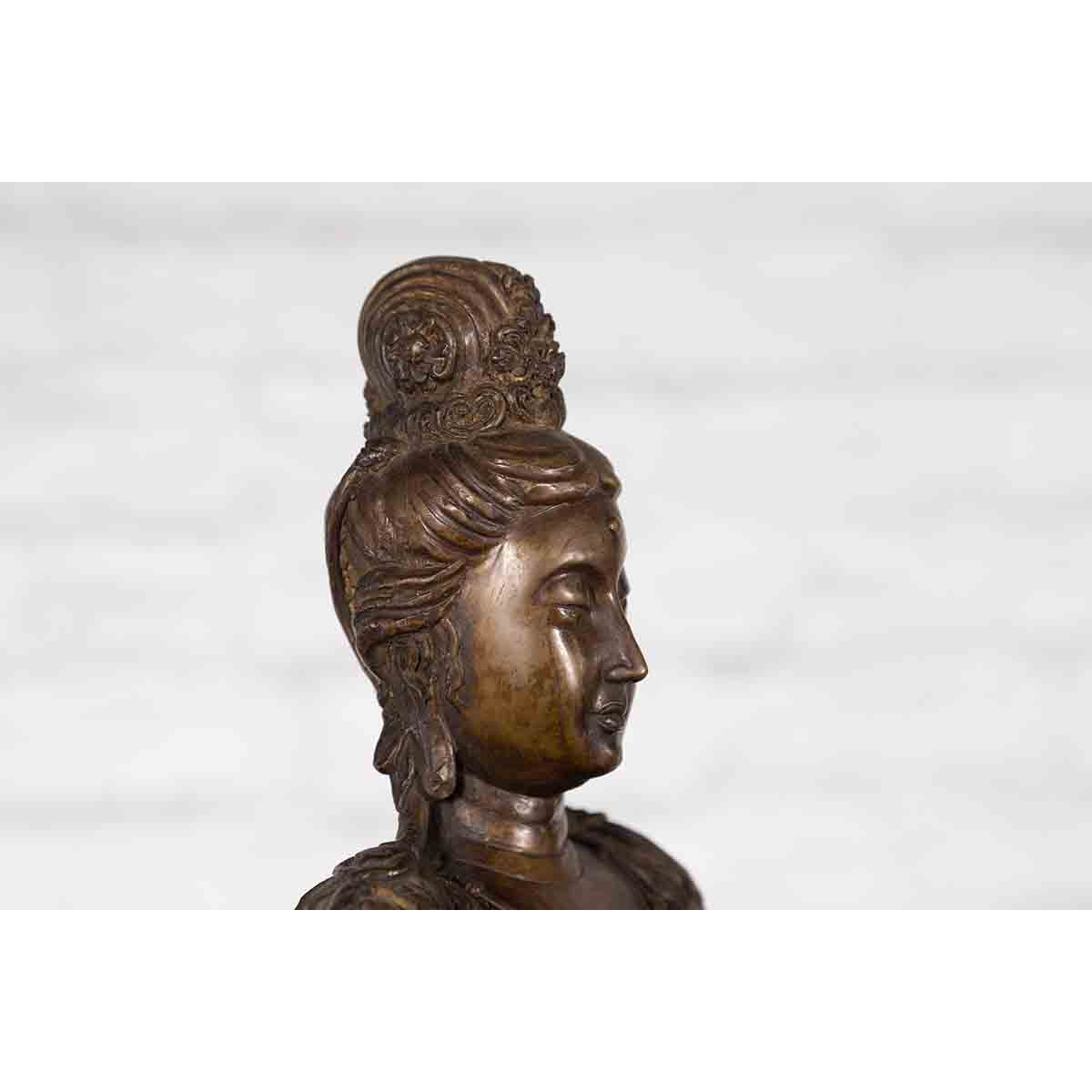 Vintage Bronze Statuette Depicting Quan Yin Seated on a Rocky Formation-12. Asian & Chinese Furniture, Art, Antiques, Vintage Home Décor for sale at FEA Home