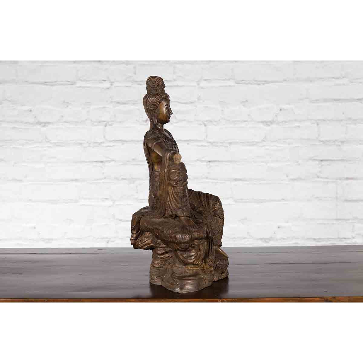 Vintage Bronze Statuette Depicting Quan Yin Seated on a Rocky Formation-13. Asian & Chinese Furniture, Art, Antiques, Vintage Home Décor for sale at FEA Home
