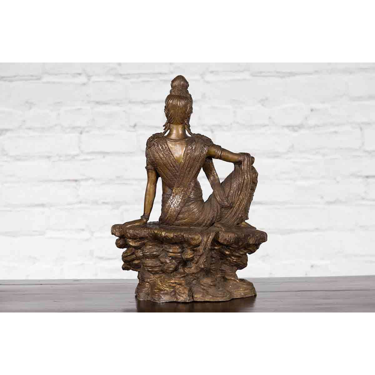 Vintage Bronze Statuette Depicting Quan Yin Seated on a Rocky Formation-14. Asian & Chinese Furniture, Art, Antiques, Vintage Home Décor for sale at FEA Home
