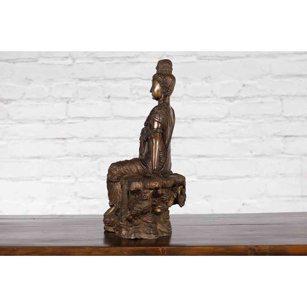 Vintage Bronze Statuette Depicting Quan Yin Seated on a Rocky Formation-15. Asian & Chinese Furniture, Art, Antiques, Vintage Home Décor for sale at FEA Home