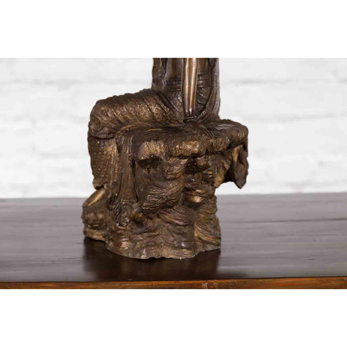 Vintage Bronze Statuette Depicting Quan Yin Seated on a Rocky Formation-16. Asian & Chinese Furniture, Art, Antiques, Vintage Home Décor for sale at FEA Home