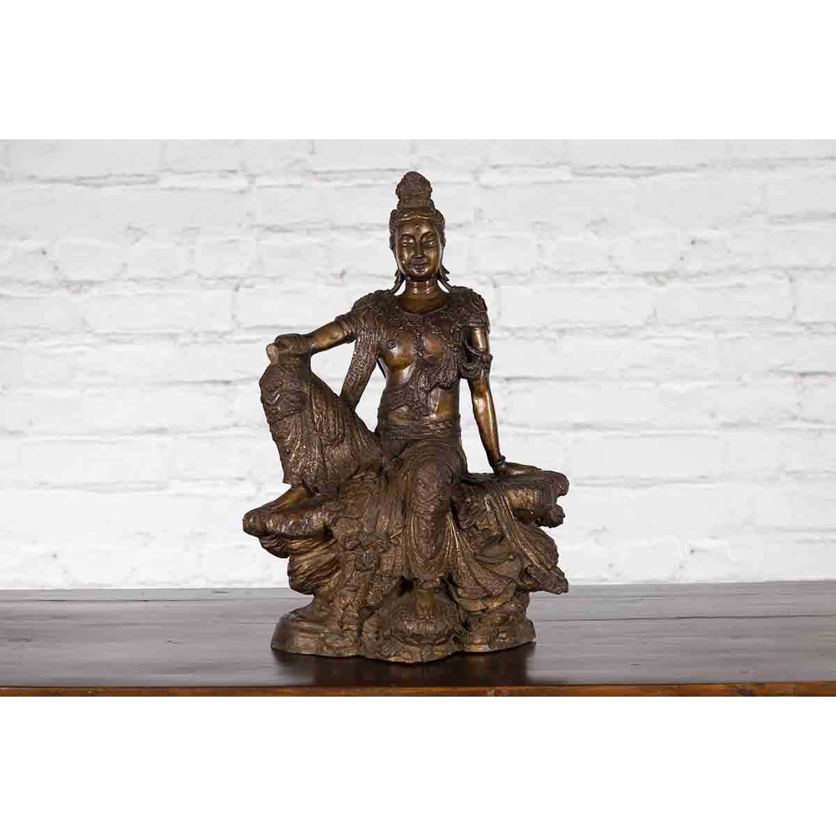 Vintage Bronze Statuette Depicting Quan Yin Seated on a Rocky Formation-4. Asian & Chinese Furniture, Art, Antiques, Vintage Home Décor for sale at FEA Home