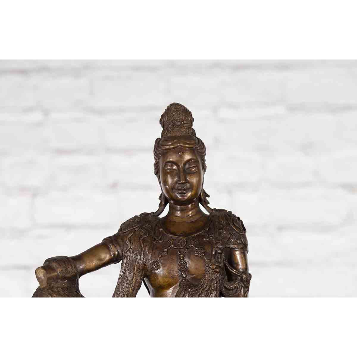 Vintage Bronze Statuette Depicting Quan Yin Seated on a Rocky Formation-5. Asian & Chinese Furniture, Art, Antiques, Vintage Home Décor for sale at FEA Home