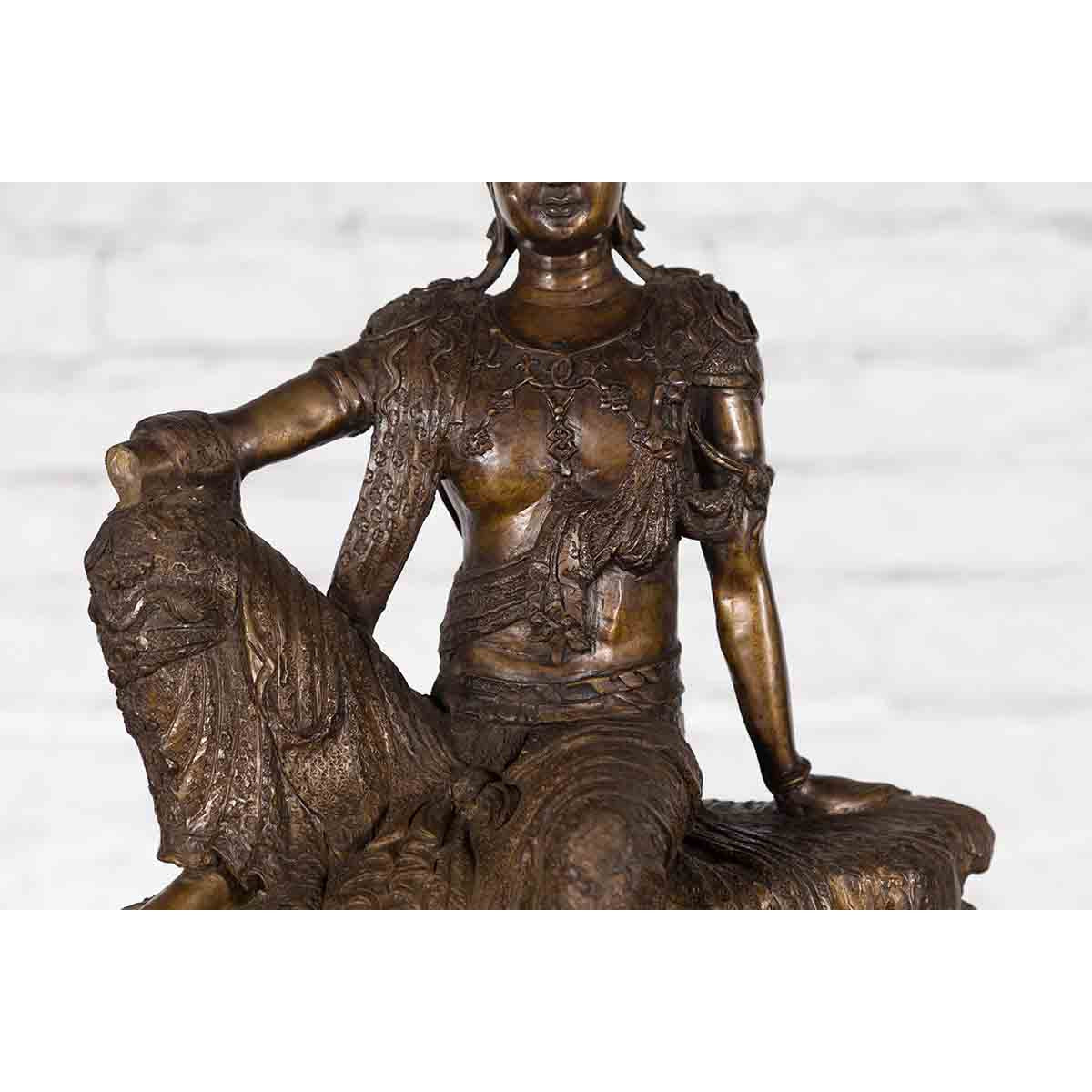 Vintage Bronze Statuette Depicting Quan Yin Seated on a Rocky Formation-6. Asian & Chinese Furniture, Art, Antiques, Vintage Home Décor for sale at FEA Home