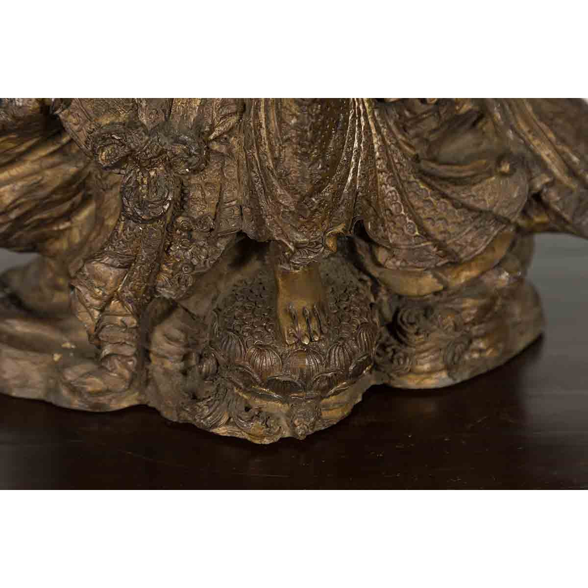 Vintage Bronze Statuette Depicting Quan Yin Seated on a Rocky Formation-10. Asian & Chinese Furniture, Art, Antiques, Vintage Home Décor for sale at FEA Home