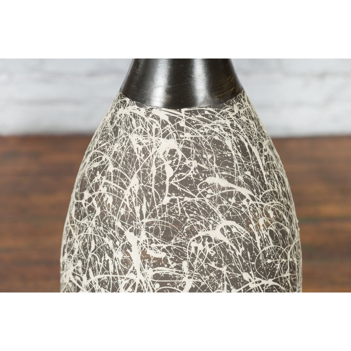 Tall Contemporary Artisan Prem Collection Black Neck Vase White Dripping Décor-10. Asian & Chinese Furniture, Art, Antiques, Vintage Home Décor for sale at FEA Home