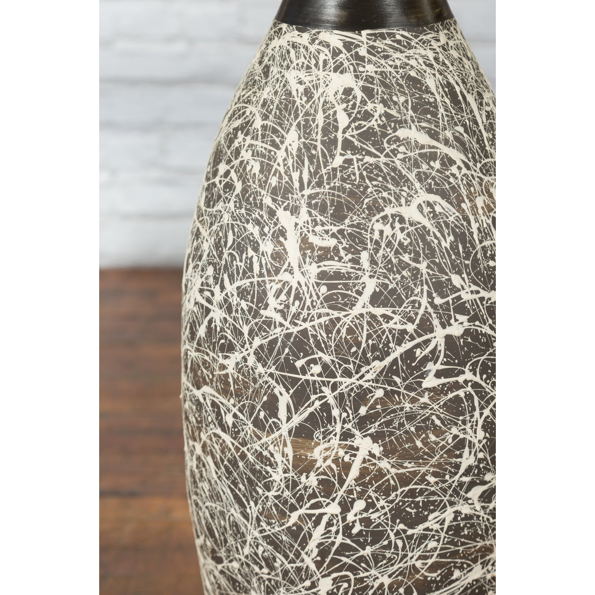 Tall Contemporary Artisan Prem Collection Black Neck Vase White Dripping Décor-13. Asian & Chinese Furniture, Art, Antiques, Vintage Home Décor for sale at FEA Home