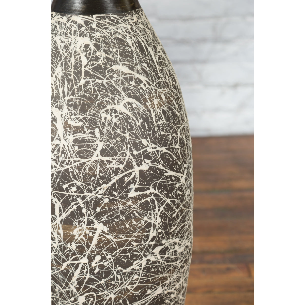 Tall Contemporary Artisan Prem Collection Black Neck Vase White Dripping Décor-14. Asian & Chinese Furniture, Art, Antiques, Vintage Home Décor for sale at FEA Home