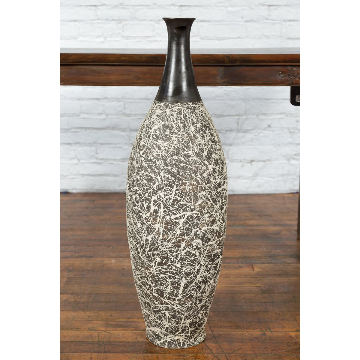 Tall Contemporary Artisan Prem Collection Black Neck Vase White Dripping Décor-3. Asian & Chinese Furniture, Art, Antiques, Vintage Home Décor for sale at FEA Home