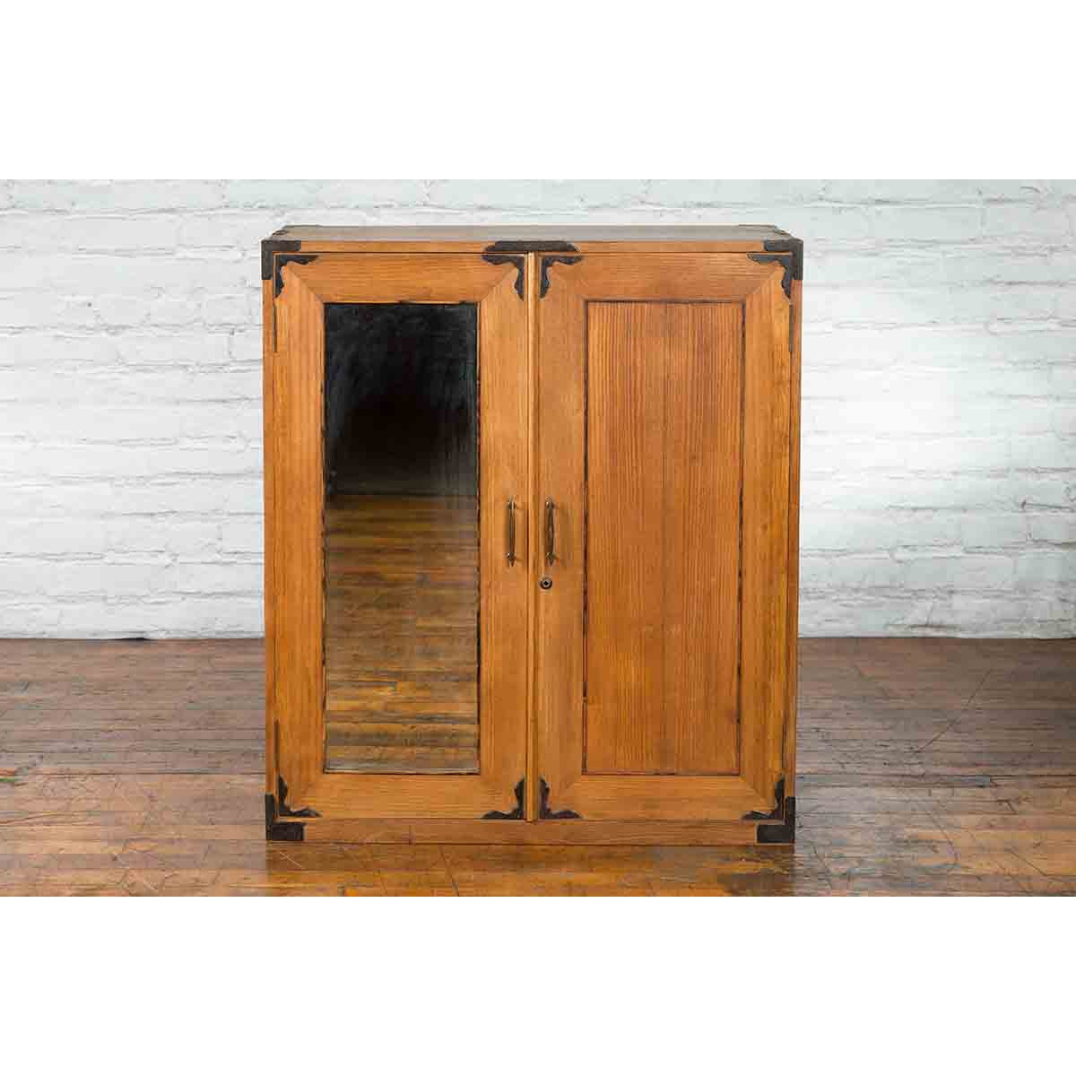 Japanese Early 20th Century Wooden Tansu Clothing Cabinet with Mirrored Door-13. Asian & Chinese Furniture, Art, Antiques, Vintage Home Décor for sale at FEA Home