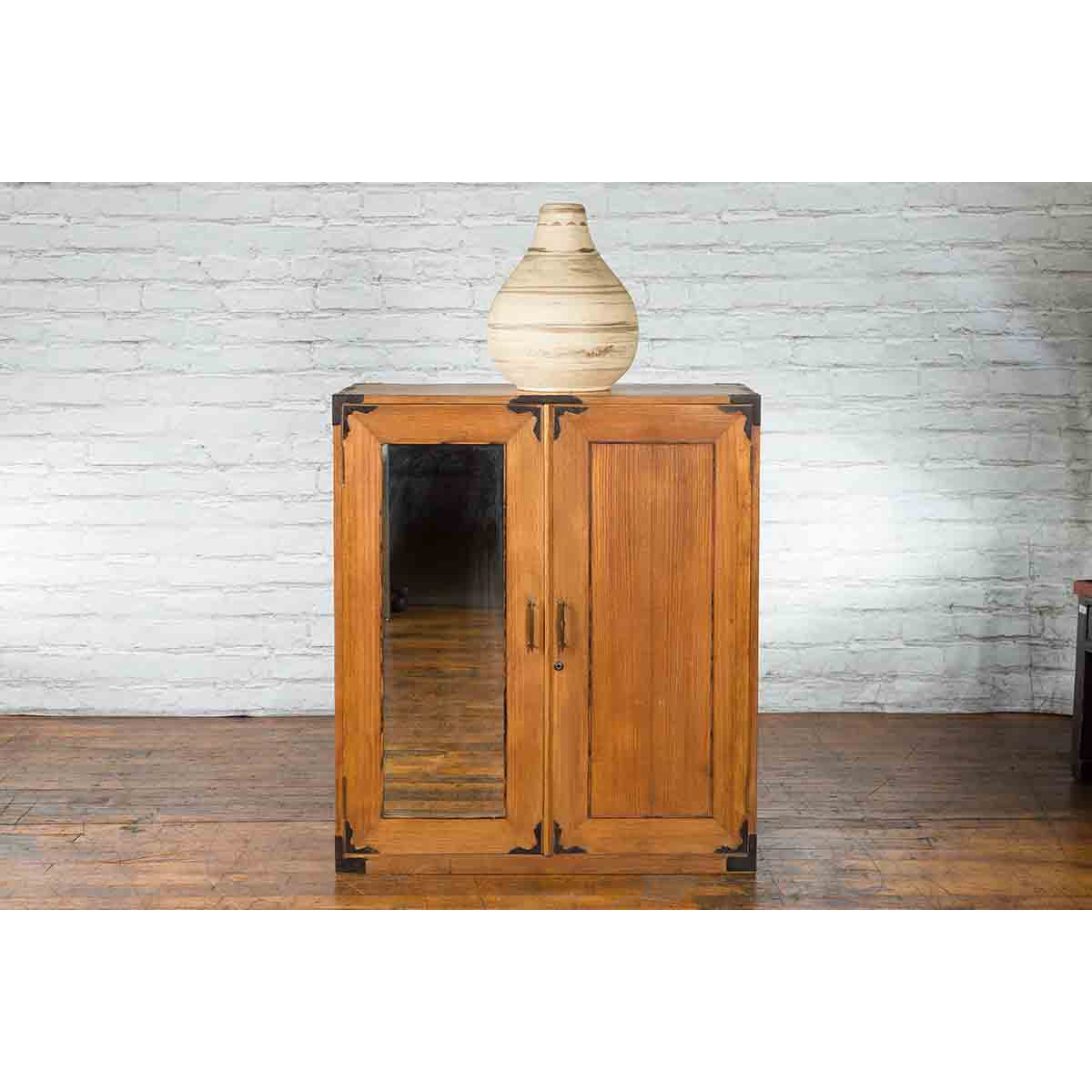 Japanese Early 20th Century Wooden Tansu Clothing Cabinet with Mirrored Door-4. Asian & Chinese Furniture, Art, Antiques, Vintage Home Décor for sale at FEA Home