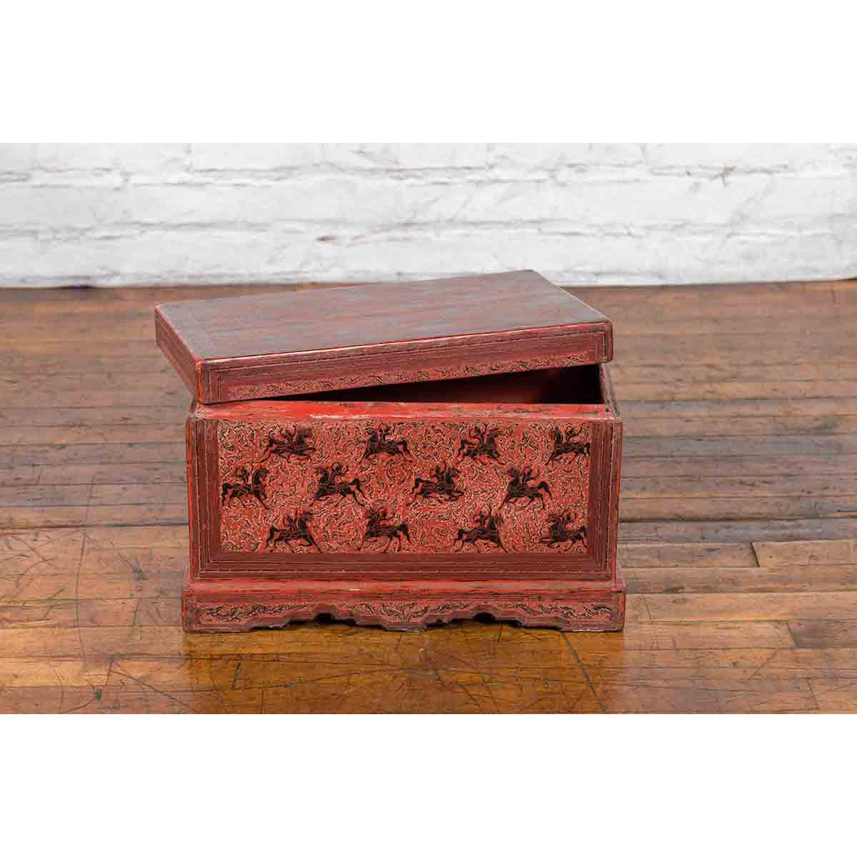 Chinese Late 19th Century Red Trunk with Black Hand-Painted Riders on Horses-12. Asian & Chinese Furniture, Art, Antiques, Vintage Home Décor for sale at FEA Home