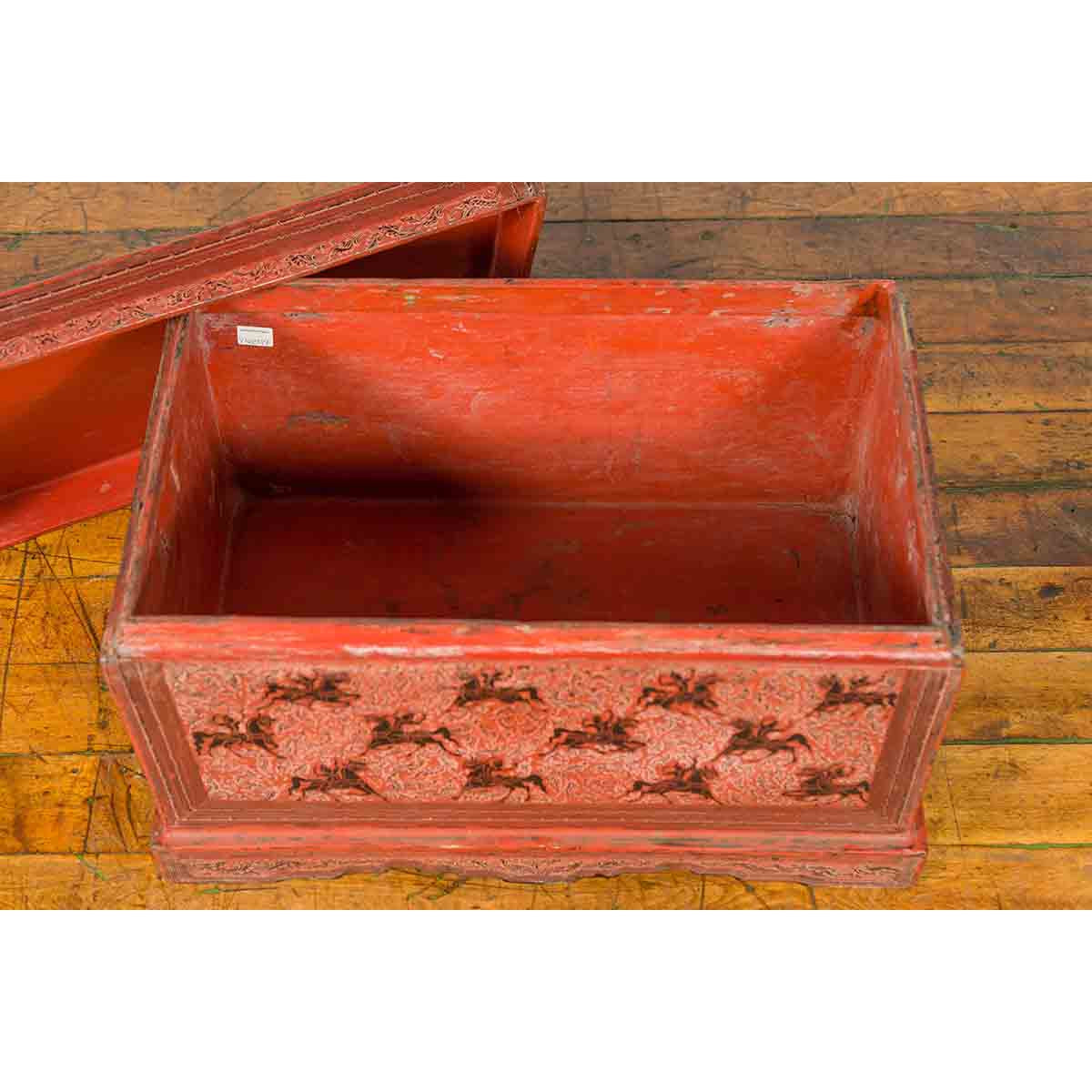 Chinese Late 19th Century Red Trunk with Black Hand-Painted Riders on Horses-13. Asian & Chinese Furniture, Art, Antiques, Vintage Home Décor for sale at FEA Home