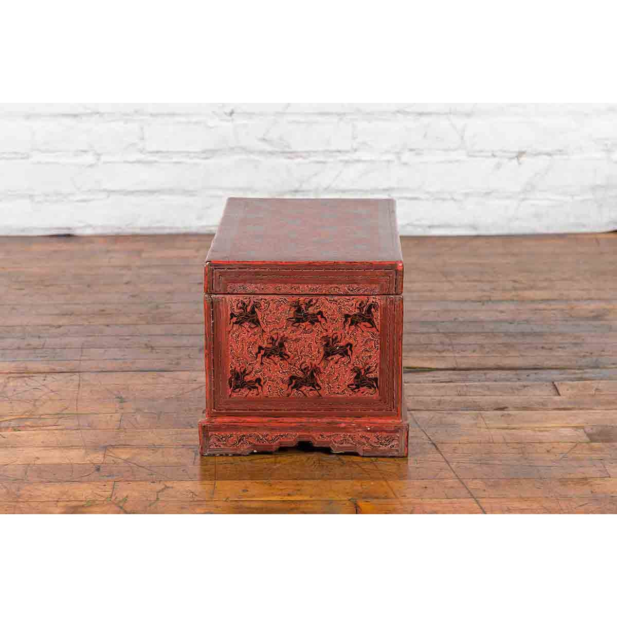 Chinese Late 19th Century Red Trunk with Black Hand-Painted Riders on Horses-14. Asian & Chinese Furniture, Art, Antiques, Vintage Home Décor for sale at FEA Home