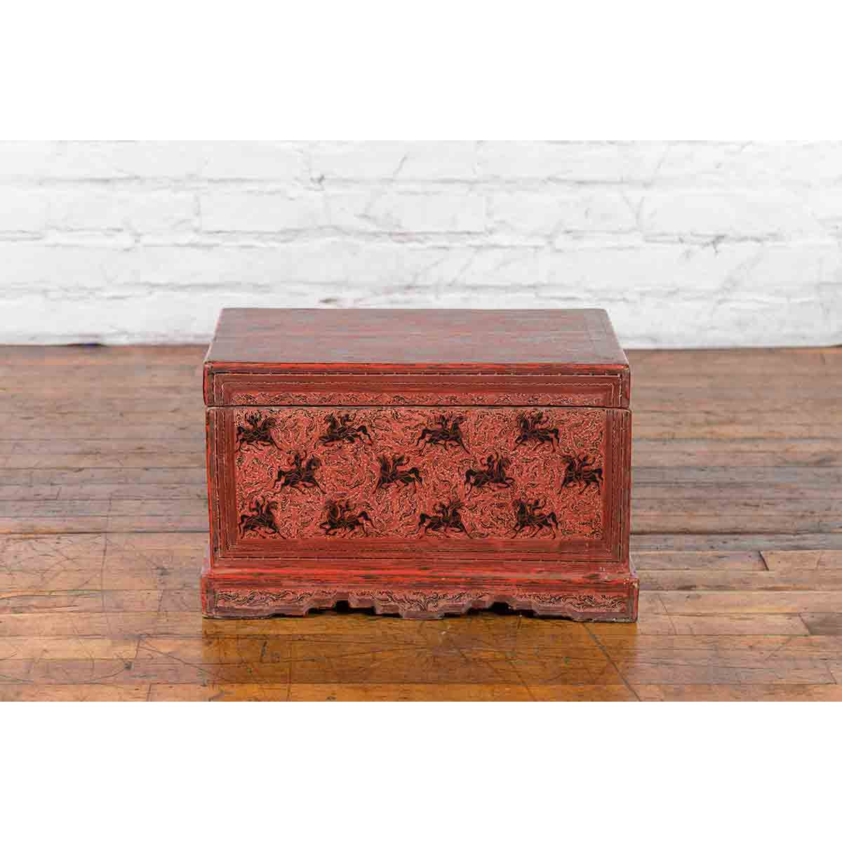 Chinese Late 19th Century Red Trunk with Black Hand-Painted Riders on Horses-15. Asian & Chinese Furniture, Art, Antiques, Vintage Home Décor for sale at FEA Home