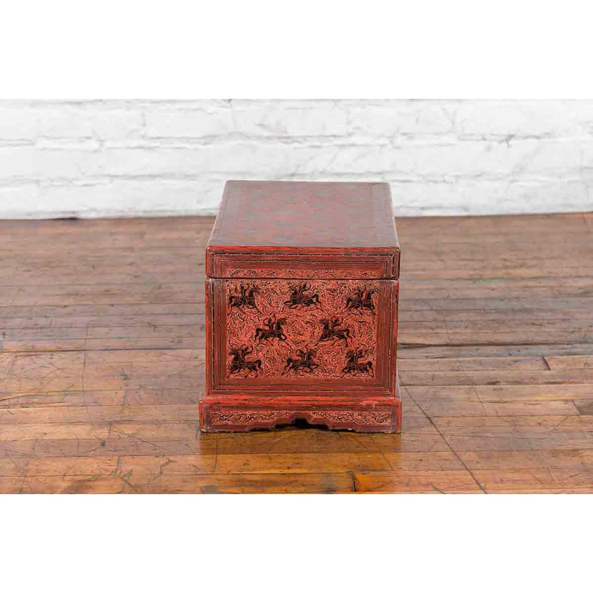 Chinese Late 19th Century Red Trunk with Black Hand-Painted Riders on Horses-16. Asian & Chinese Furniture, Art, Antiques, Vintage Home Décor for sale at FEA Home