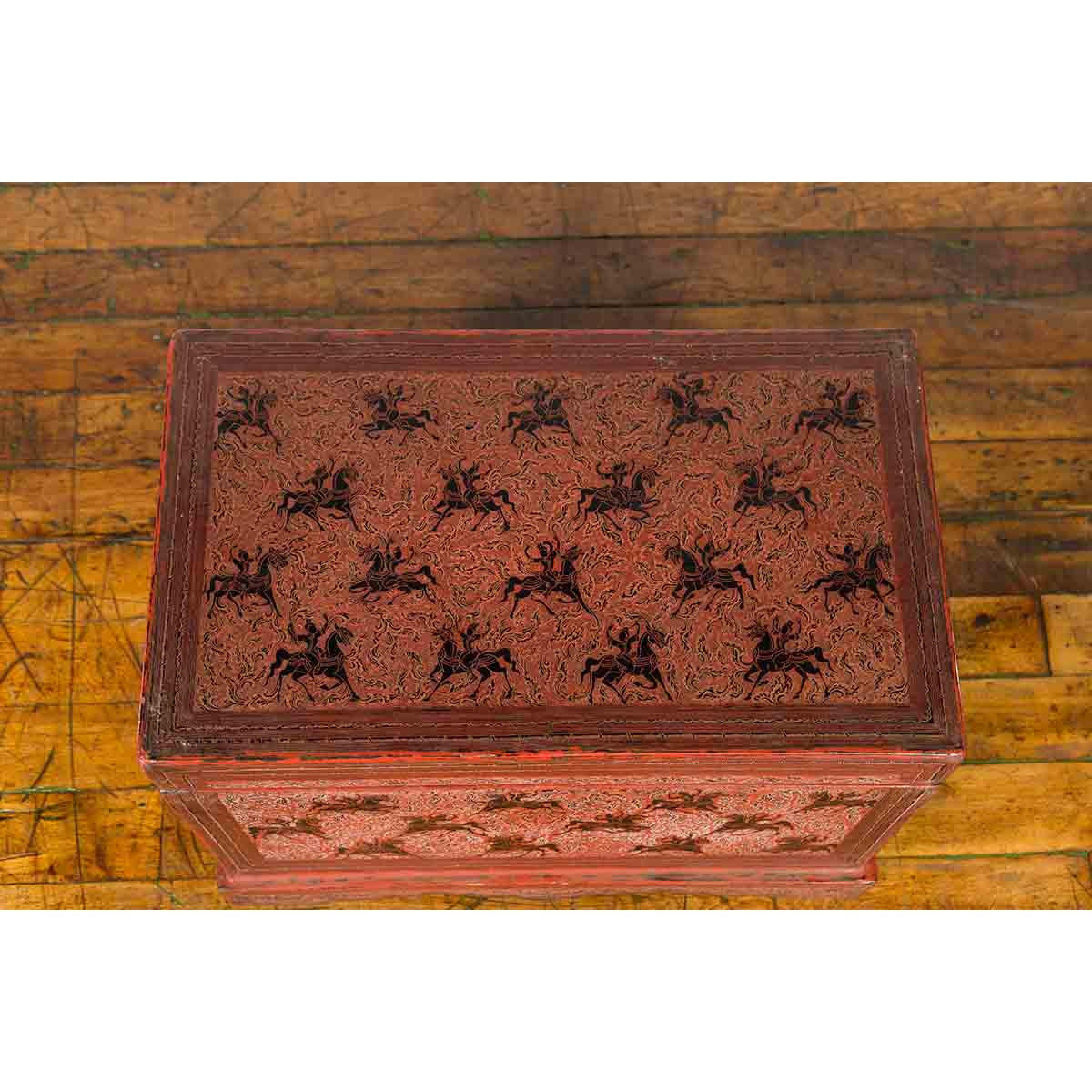 Chinese Late 19th Century Red Trunk with Black Hand-Painted Riders on Horses-5. Asian & Chinese Furniture, Art, Antiques, Vintage Home Décor for sale at FEA Home