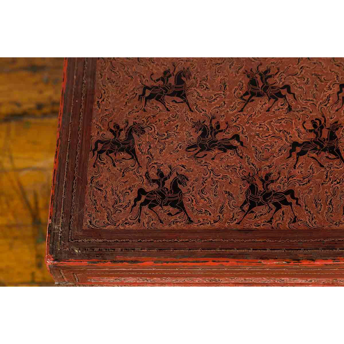 Chinese Late 19th Century Red Trunk with Black Hand-Painted Riders on Horses-6. Asian & Chinese Furniture, Art, Antiques, Vintage Home Décor for sale at FEA Home
