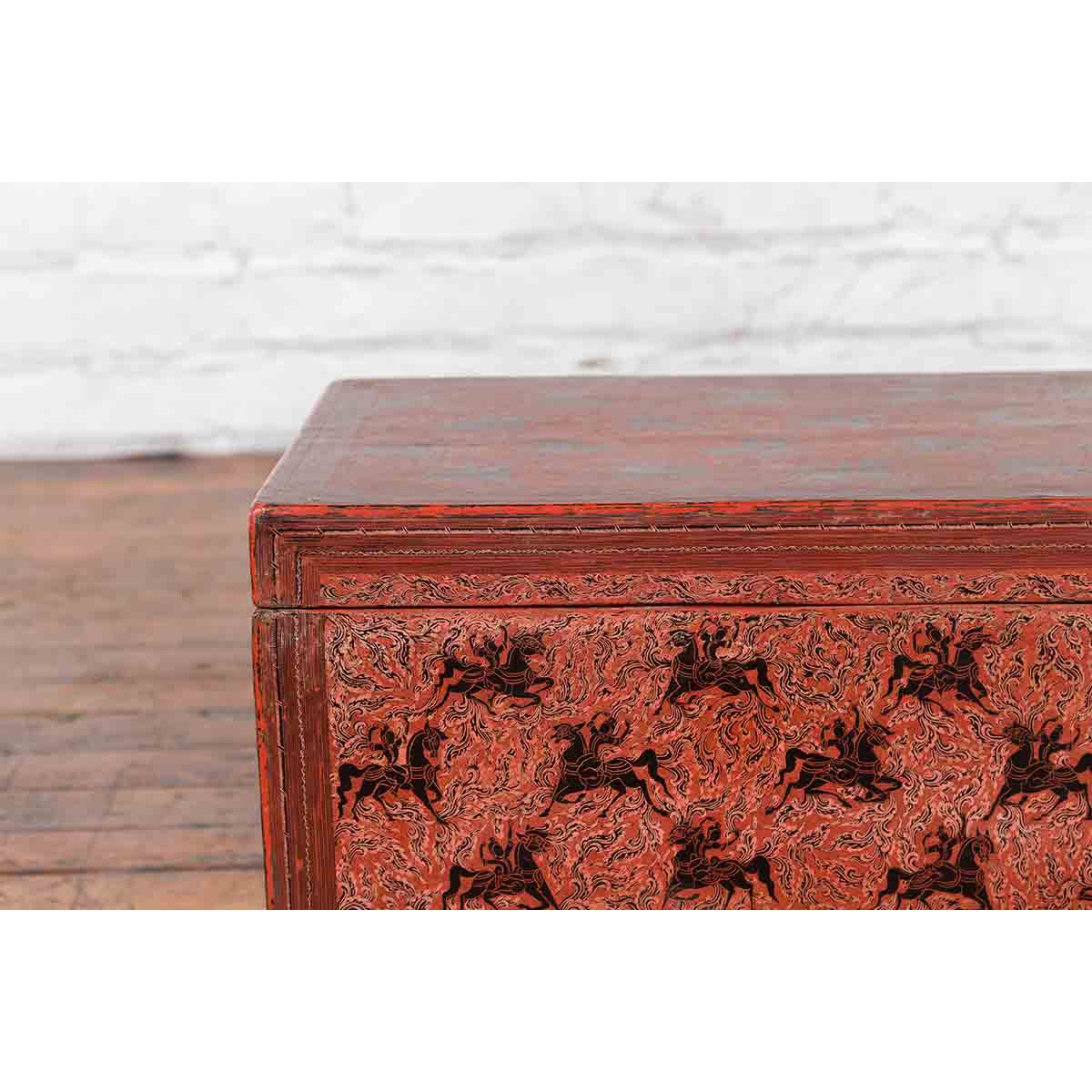 Chinese Late 19th Century Red Trunk with Black Hand-Painted Riders on Horses-8. Asian & Chinese Furniture, Art, Antiques, Vintage Home Décor for sale at FEA Home