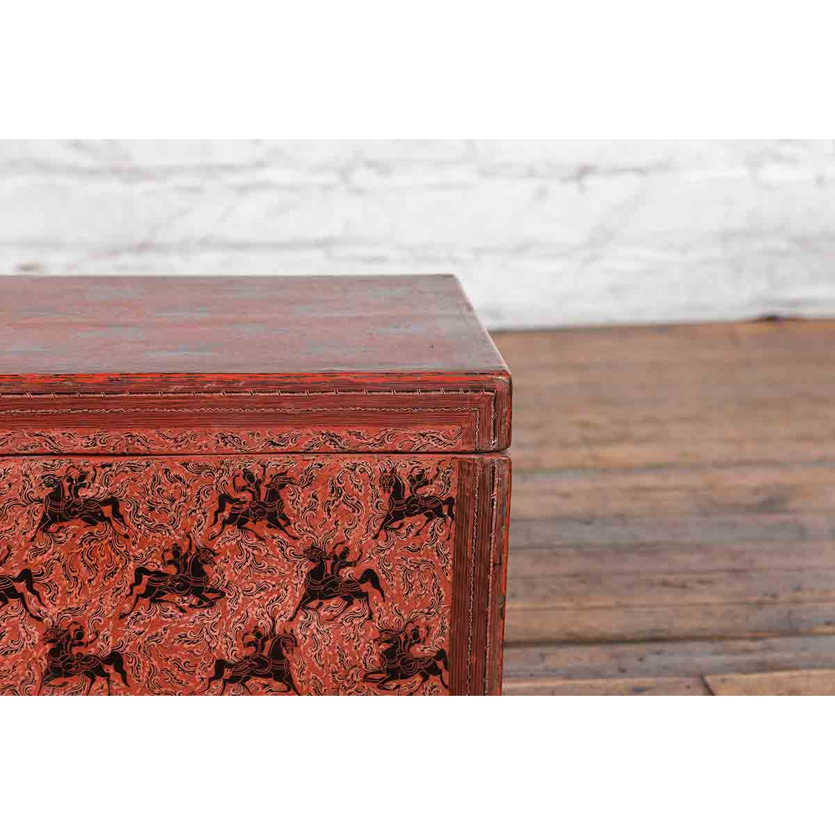 Chinese Late 19th Century Red Trunk with Black Hand-Painted Riders on Horses-9. Asian & Chinese Furniture, Art, Antiques, Vintage Home Décor for sale at FEA Home