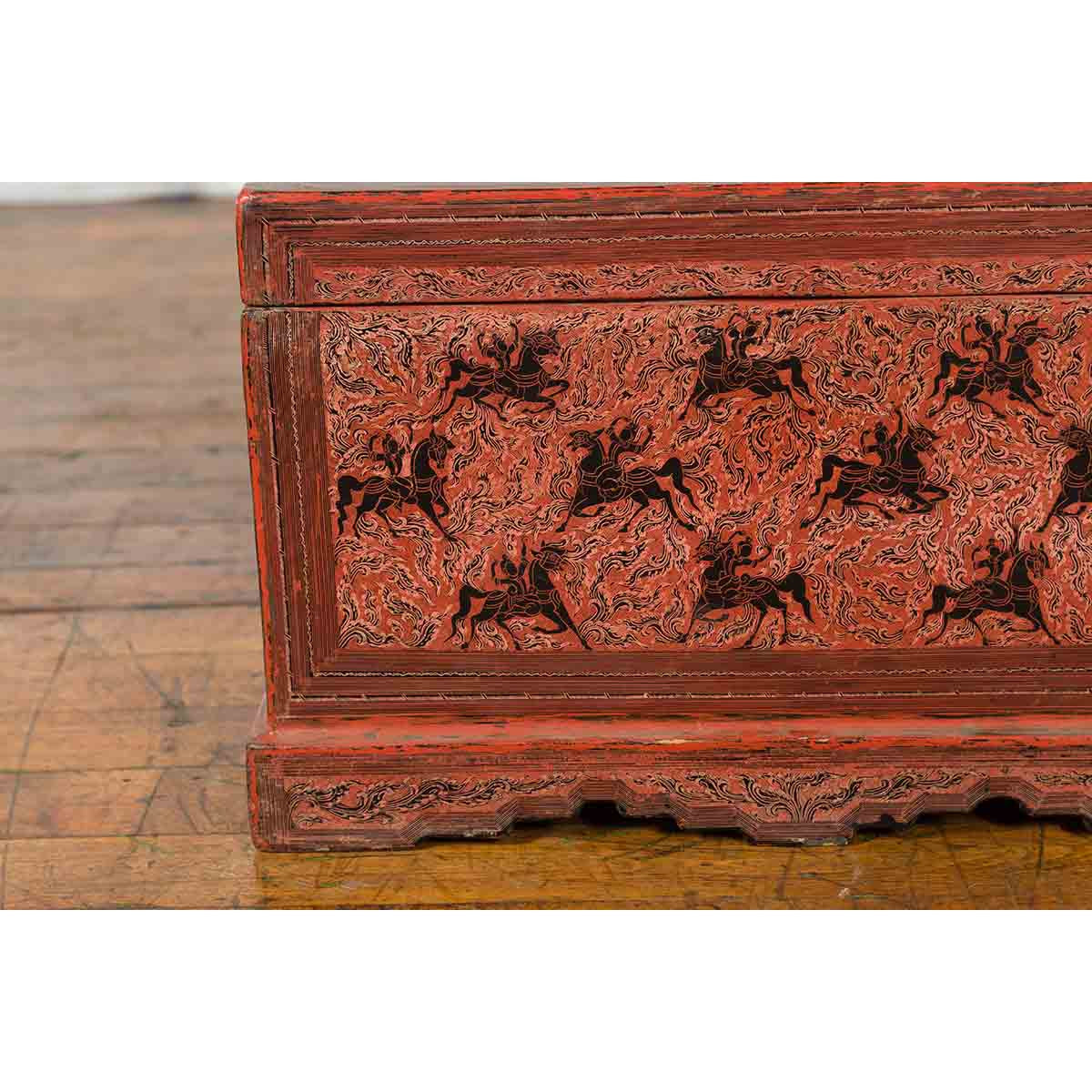 Chinese Late 19th Century Red Trunk with Black Hand-Painted Riders on Horses-10. Asian & Chinese Furniture, Art, Antiques, Vintage Home Décor for sale at FEA Home