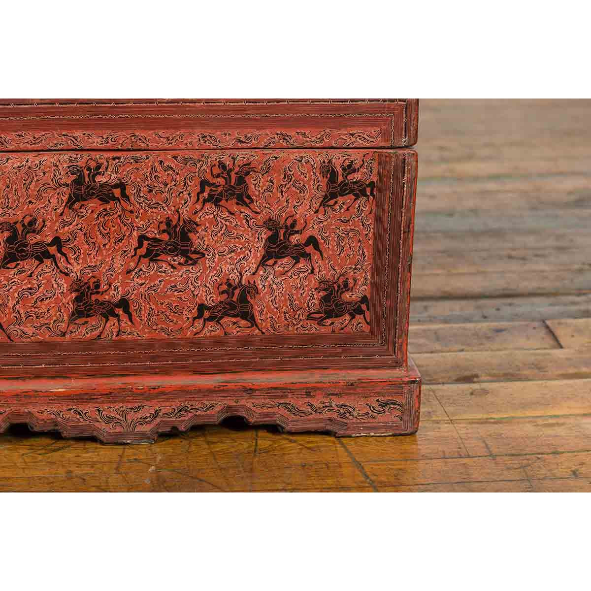 Chinese Late 19th Century Red Trunk with Black Hand-Painted Riders on Horses-11. Asian & Chinese Furniture, Art, Antiques, Vintage Home Décor for sale at FEA Home