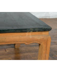 Green lacquer Ming Dynasty style coffee table with natural patina, corner angle view.