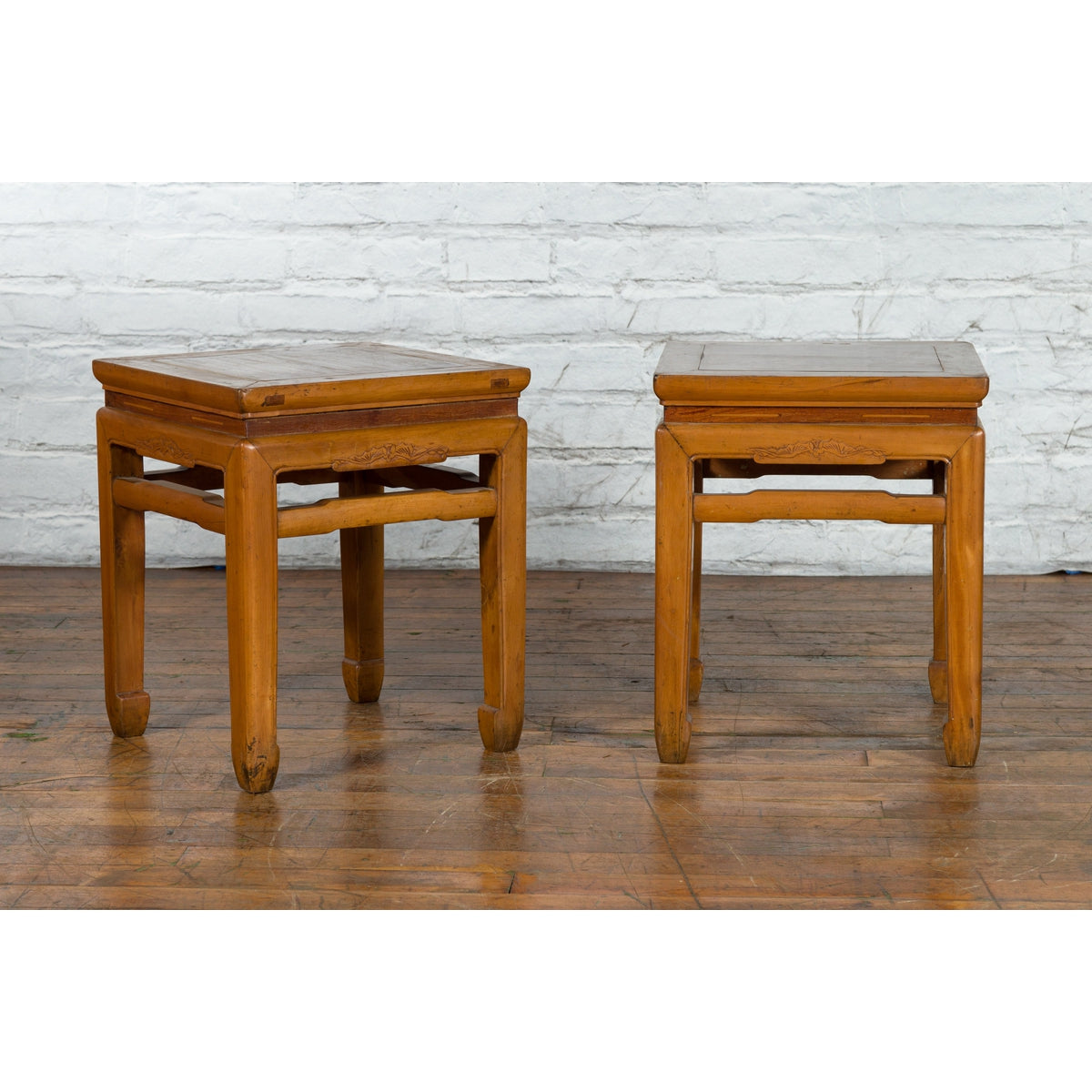 Pair of Vintage Chinese Ming Dynasty Style Waisted Side Tables with Stretchers-11. Asian & Chinese Furniture, Art, Antiques, Vintage Home Décor for sale at FEA Home