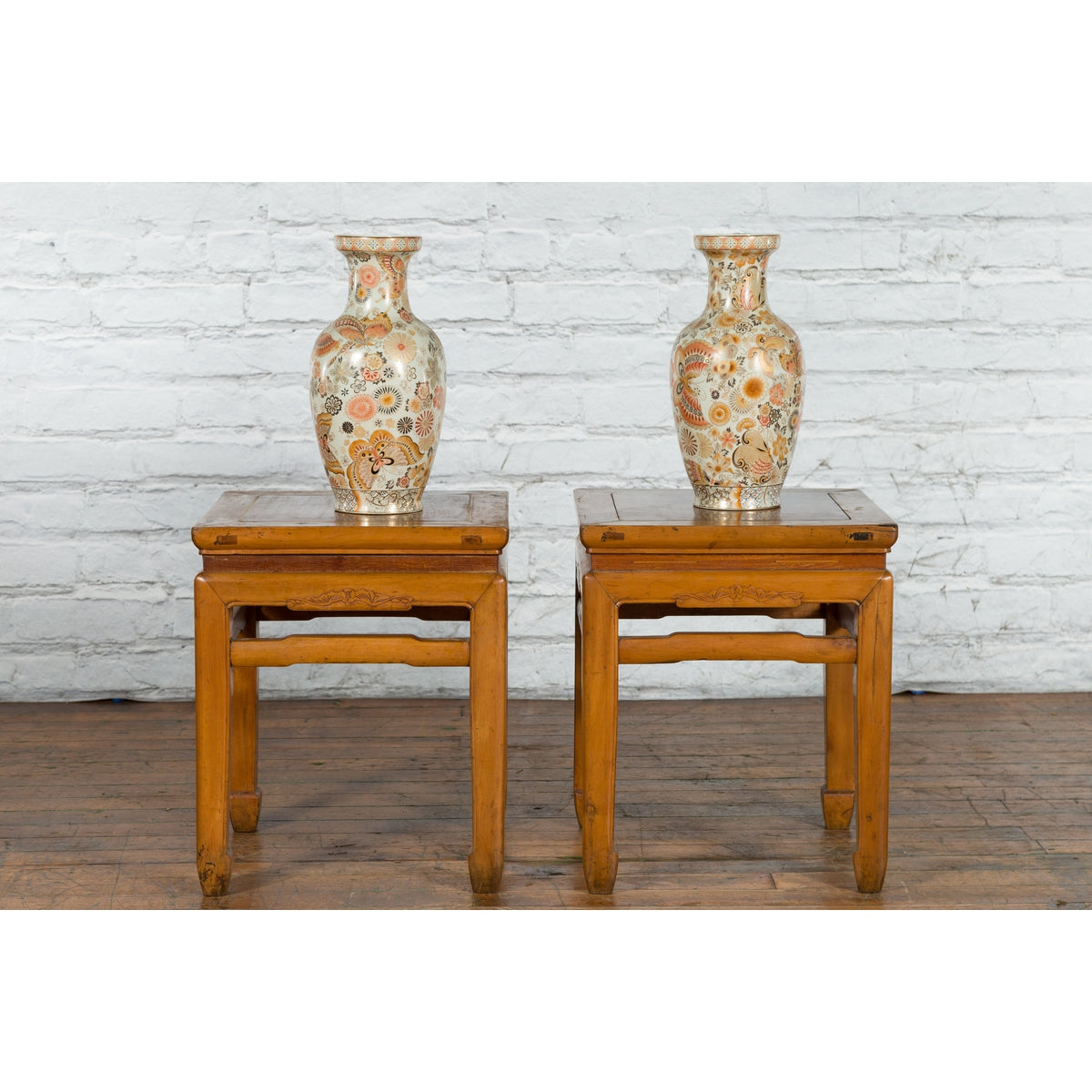 Pair of Vintage Chinese Ming Dynasty Style Waisted Side Tables with Stretchers-3. Asian & Chinese Furniture, Art, Antiques, Vintage Home Décor for sale at FEA Home