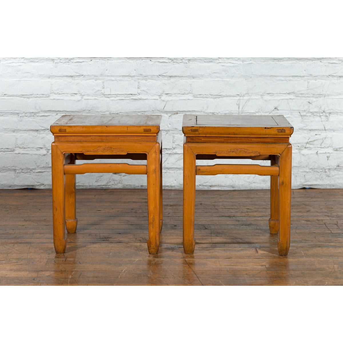Pair of Vintage Chinese Ming Dynasty Style Waisted Side Tables with Stretchers-4. Asian & Chinese Furniture, Art, Antiques, Vintage Home Décor for sale at FEA Home