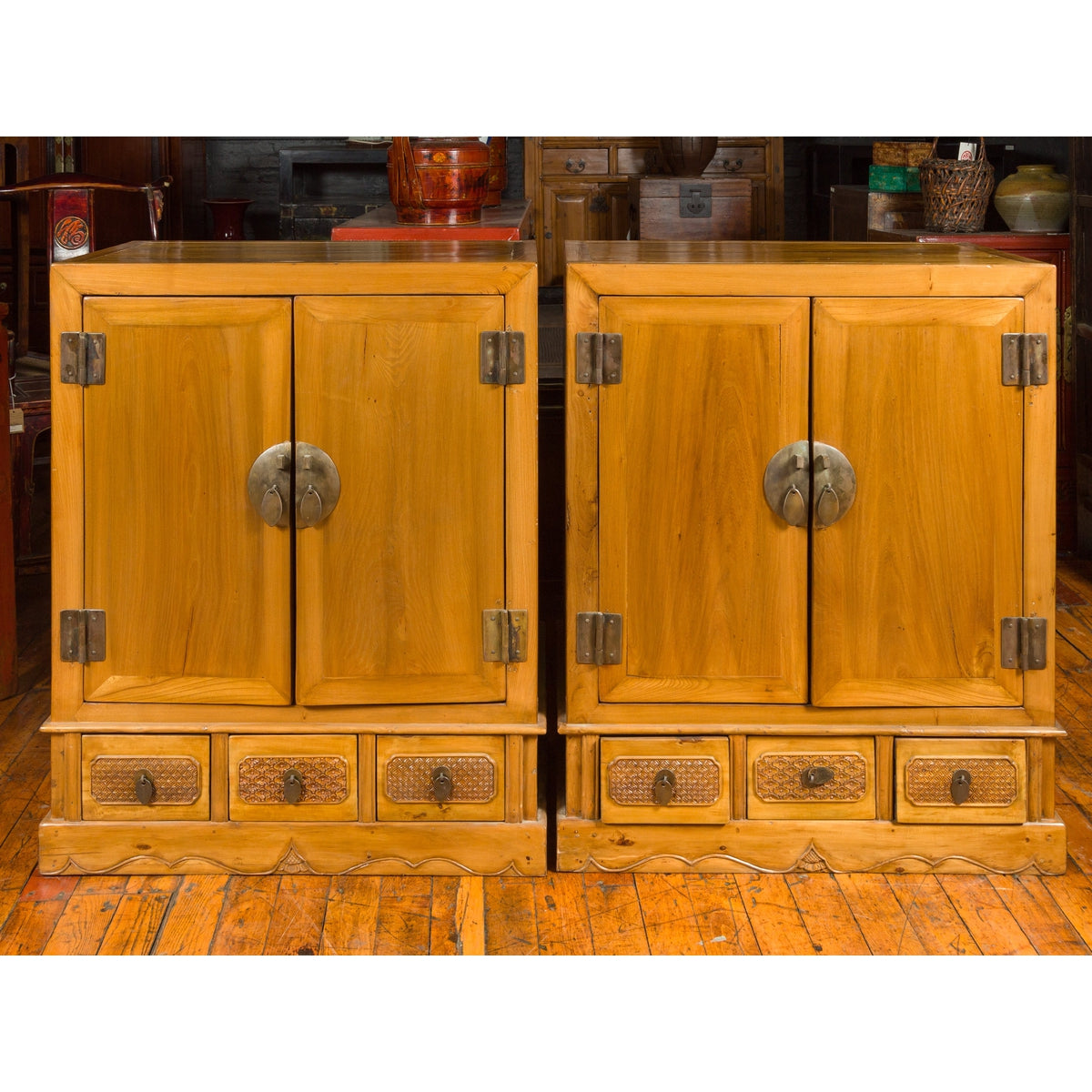 Pair of Chinese Qing Dynasty Carved Yumu Wood Cabinets with Doors and Drawers-11. Asian & Chinese Furniture, Art, Antiques, Vintage Home Décor for sale at FEA Home