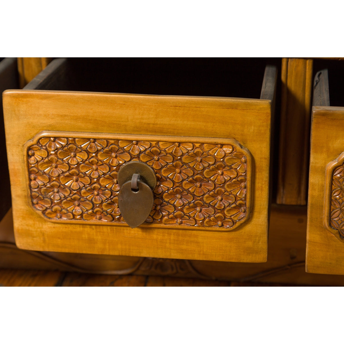 Pair of Chinese Qing Dynasty Carved Yumu Wood Cabinets with Doors and Drawers-13. Asian & Chinese Furniture, Art, Antiques, Vintage Home Décor for sale at FEA Home
