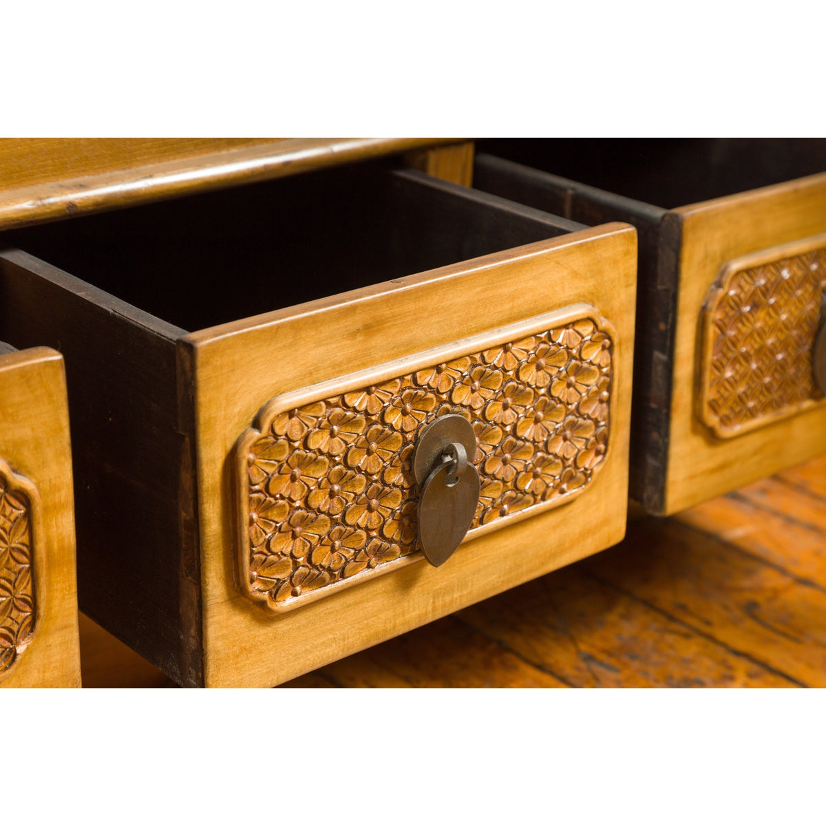 Pair of Chinese Qing Dynasty Carved Yumu Wood Cabinets with Doors and Drawers-14. Asian & Chinese Furniture, Art, Antiques, Vintage Home Décor for sale at FEA Home