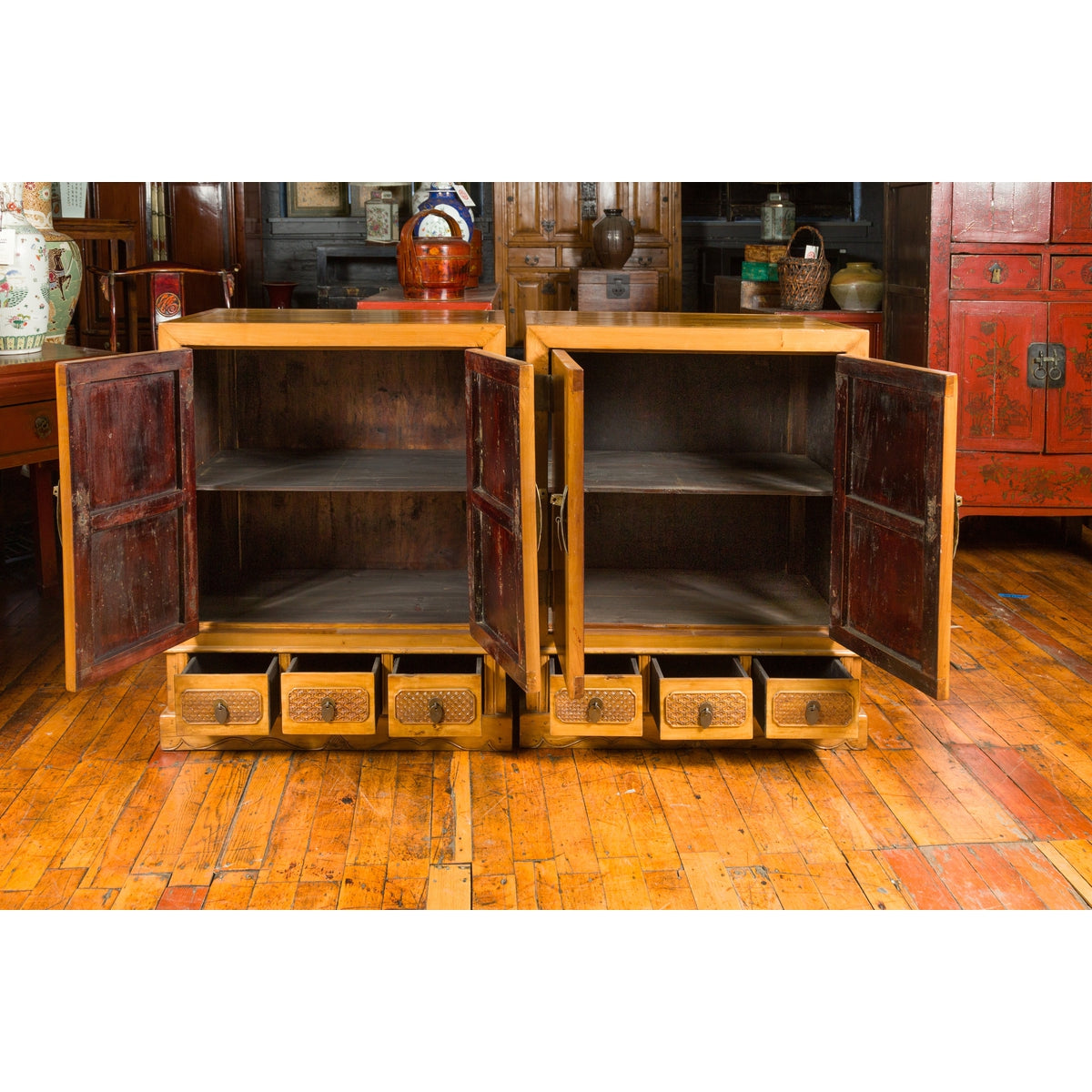 Pair of Chinese Qing Dynasty Carved Yumu Wood Cabinets with Doors and Drawers-4. Asian & Chinese Furniture, Art, Antiques, Vintage Home Décor for sale at FEA Home
