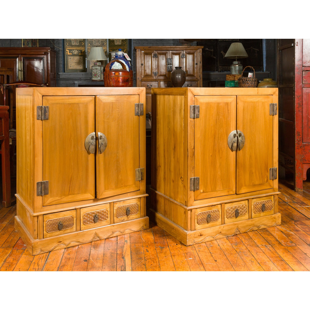 Pair of Chinese Qing Dynasty Carved Yumu Wood Cabinets with Doors and Drawers-3. Asian & Chinese Furniture, Art, Antiques, Vintage Home Décor for sale at FEA Home