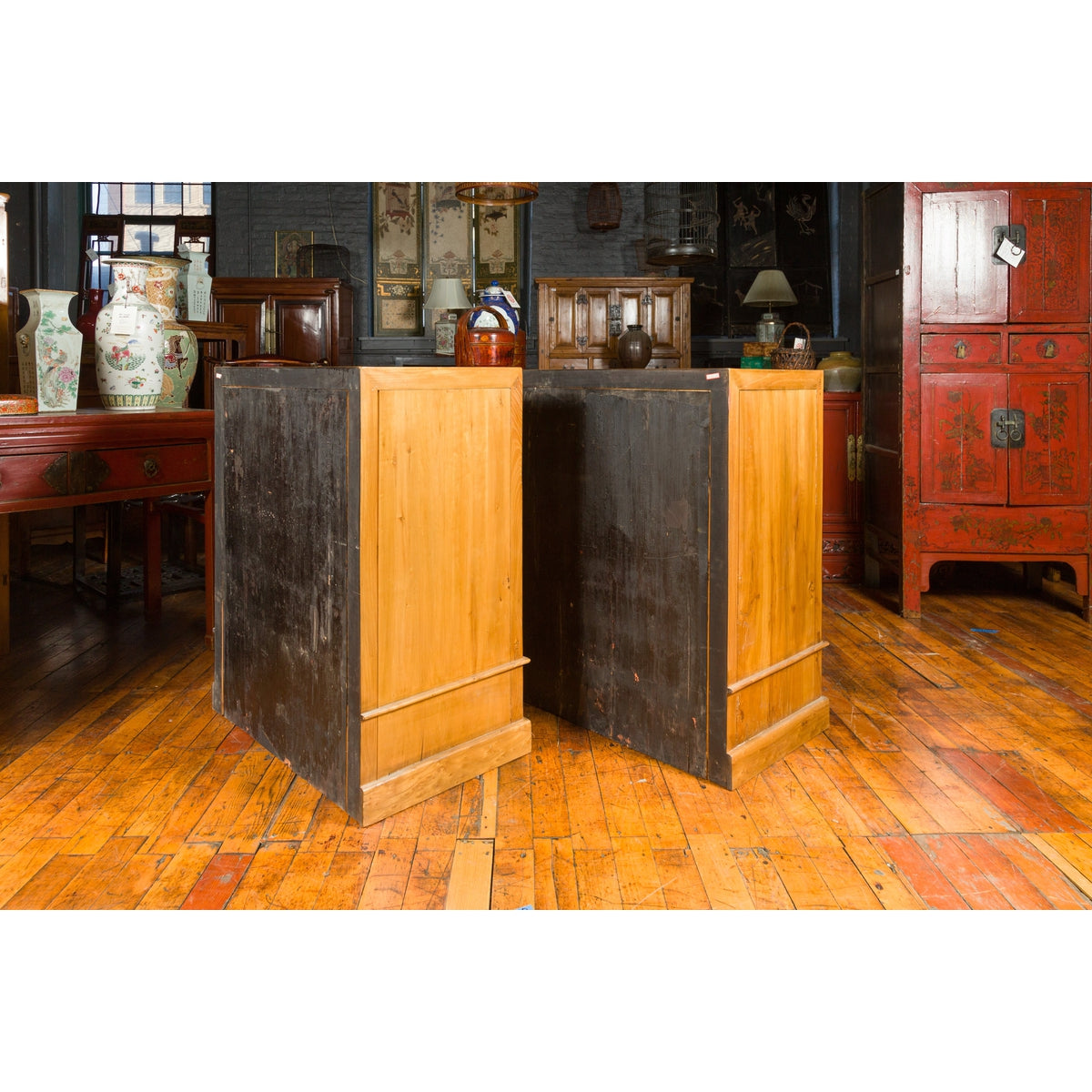Pair of Chinese Qing Dynasty Carved Yumu Wood Cabinets with Doors and Drawers-18. Asian & Chinese Furniture, Art, Antiques, Vintage Home Décor for sale at FEA Home